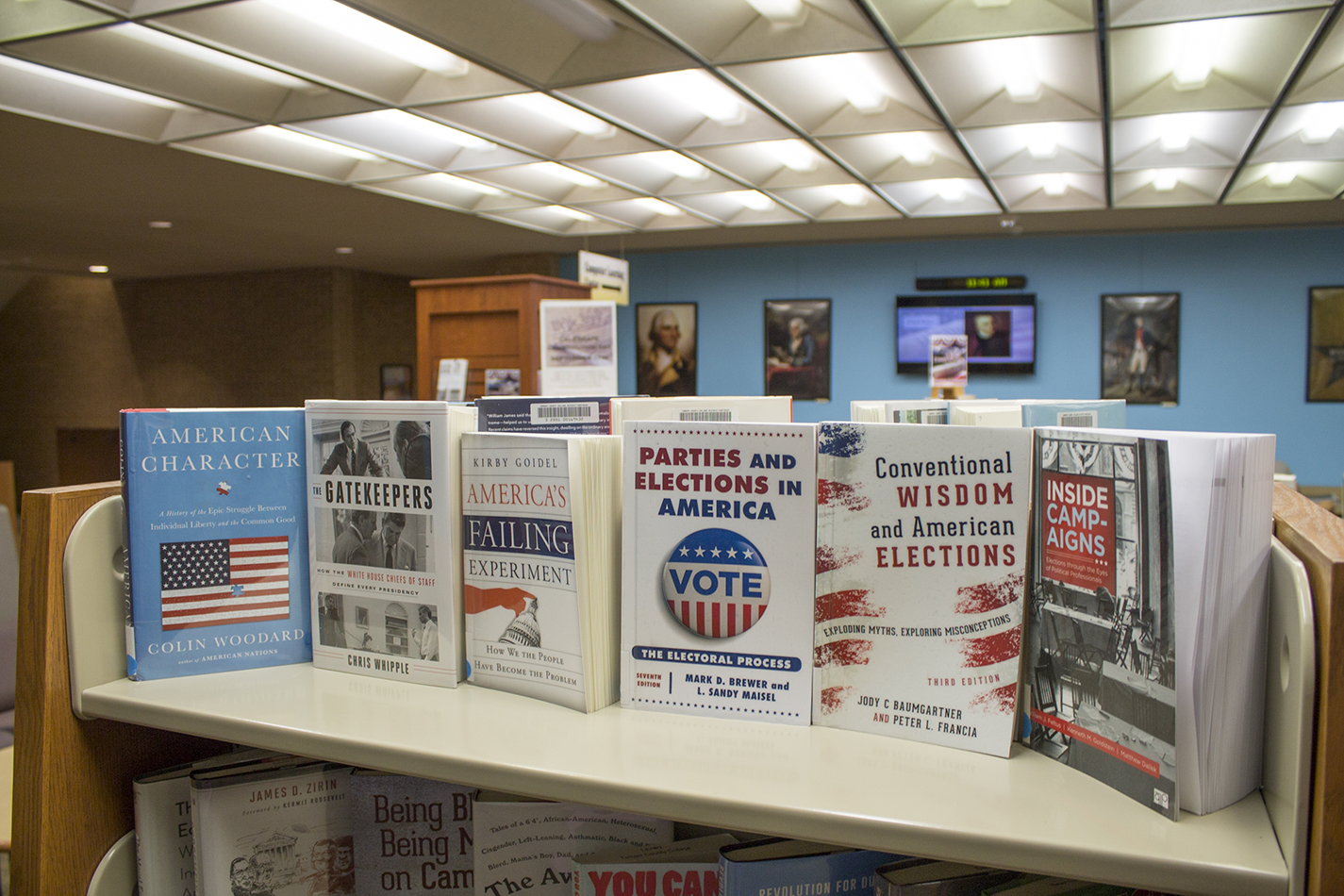 The “We the People...” Constitution Day exhibit’s book display highlights materials from the NE library’s collection. Visitors can read about the Founding Fathers and enjoy various art and memorabilia from early American history.