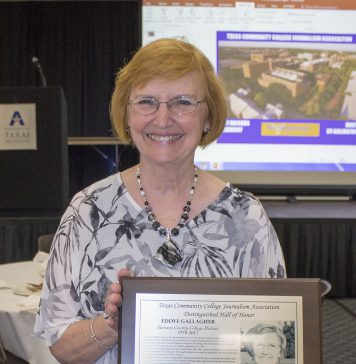Former student publications director Eddye Gallagher holds her TCCJA award Oct. 6.
