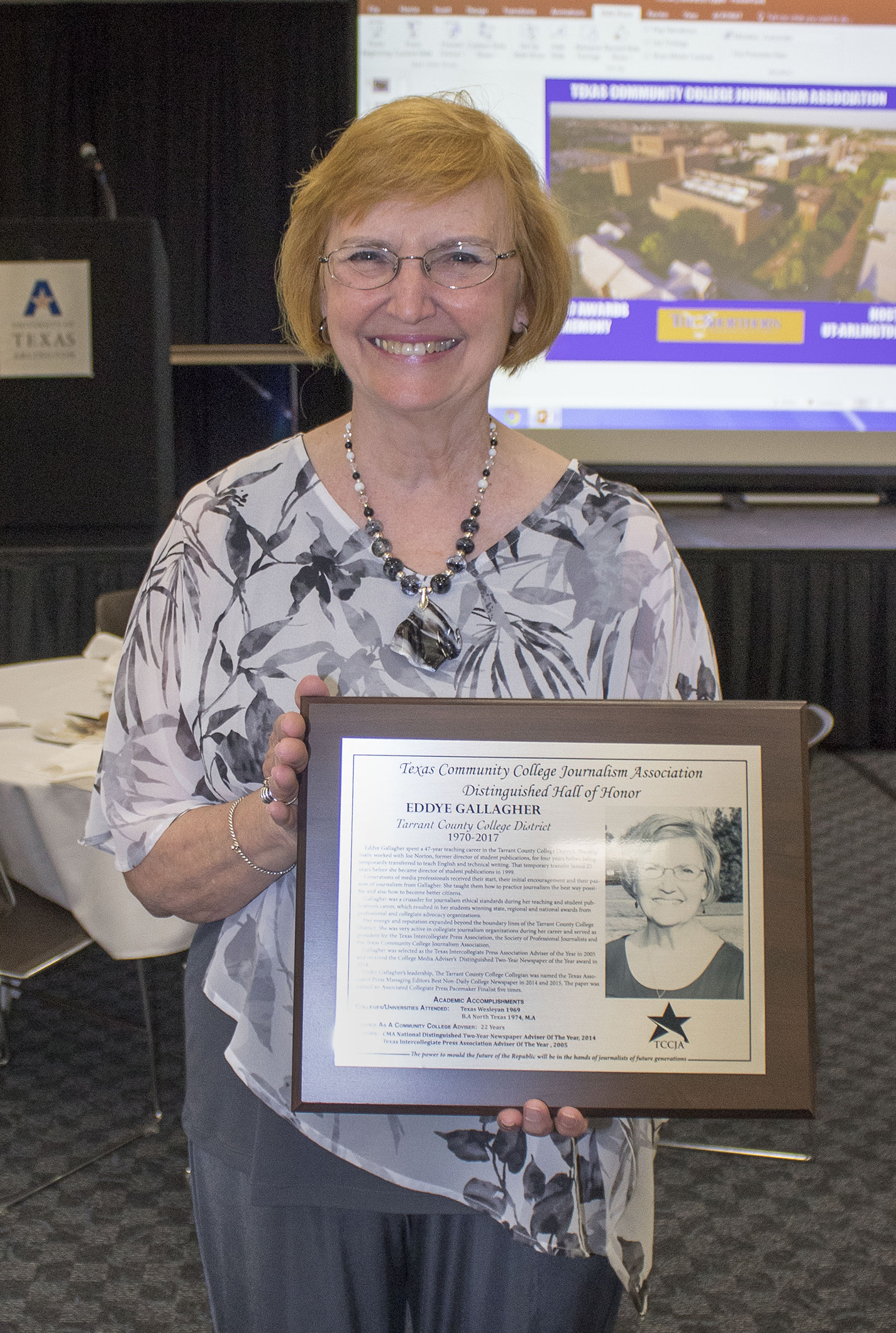 Former student publications director Eddye Gallagher holds her TCCJA award Oct. 6.