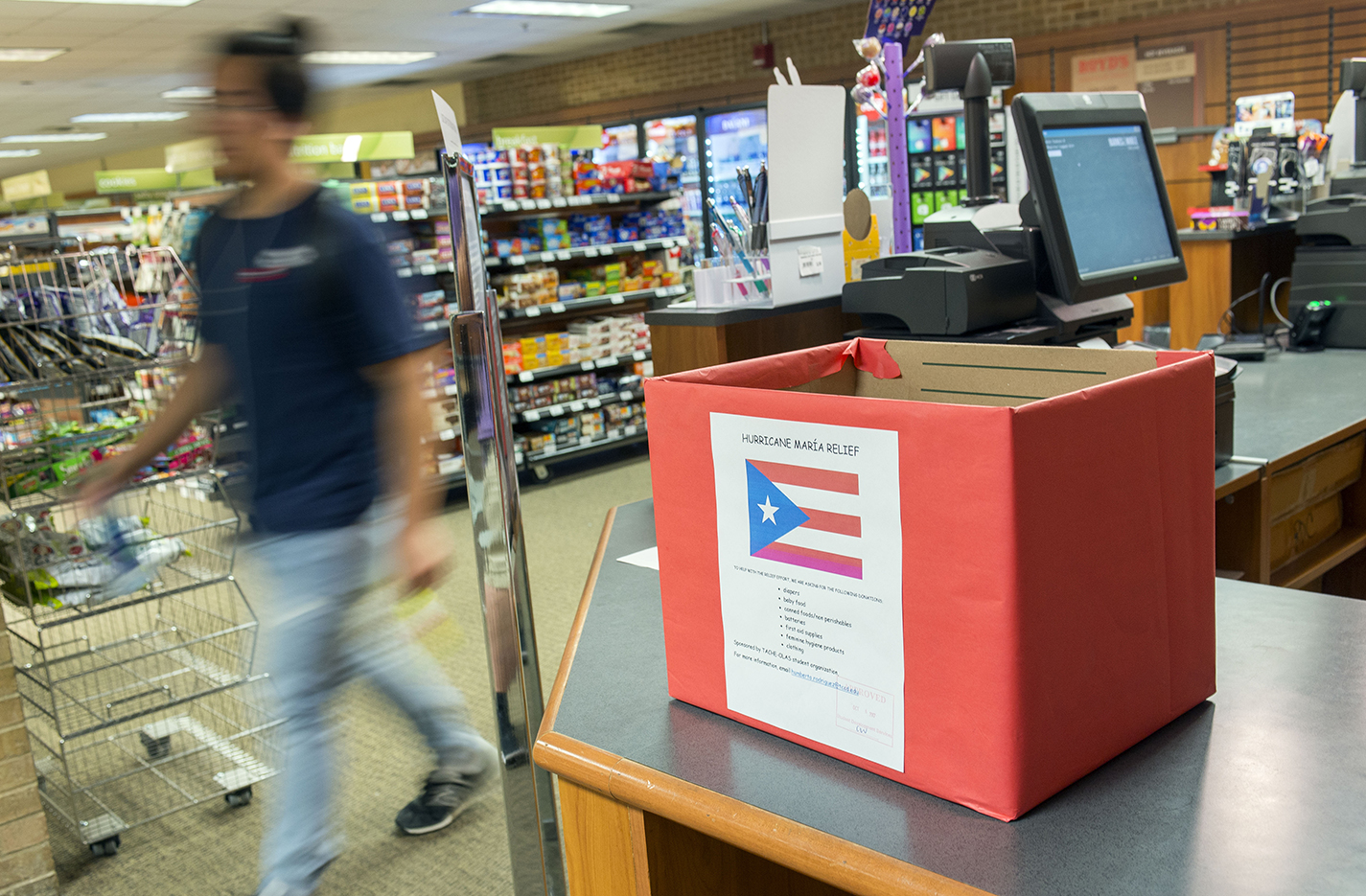 Red collection boxes are placed in locations all around NE Campus for students, staff and faculty to donate to the victims of Hurricane Maria in Puerto Rico.