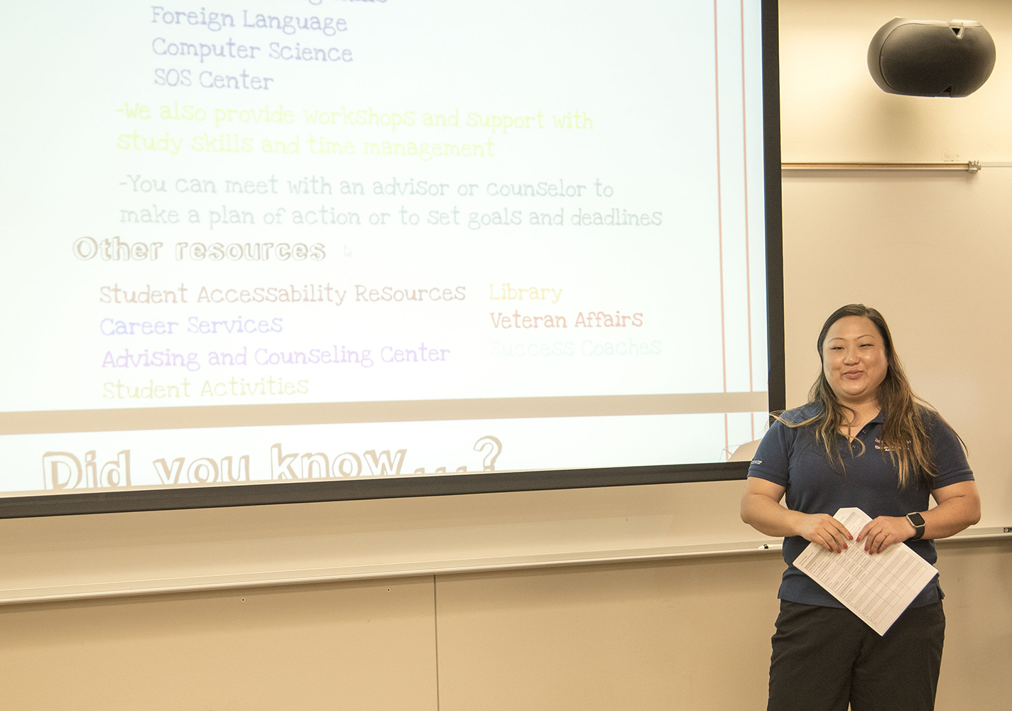 NE academic advisor Amy Reece discusses tips and tools to combat procrastination during a presentation Oct. 16. Some of the tips were about avoiding burnout, taking breaks and minimizing distractions.