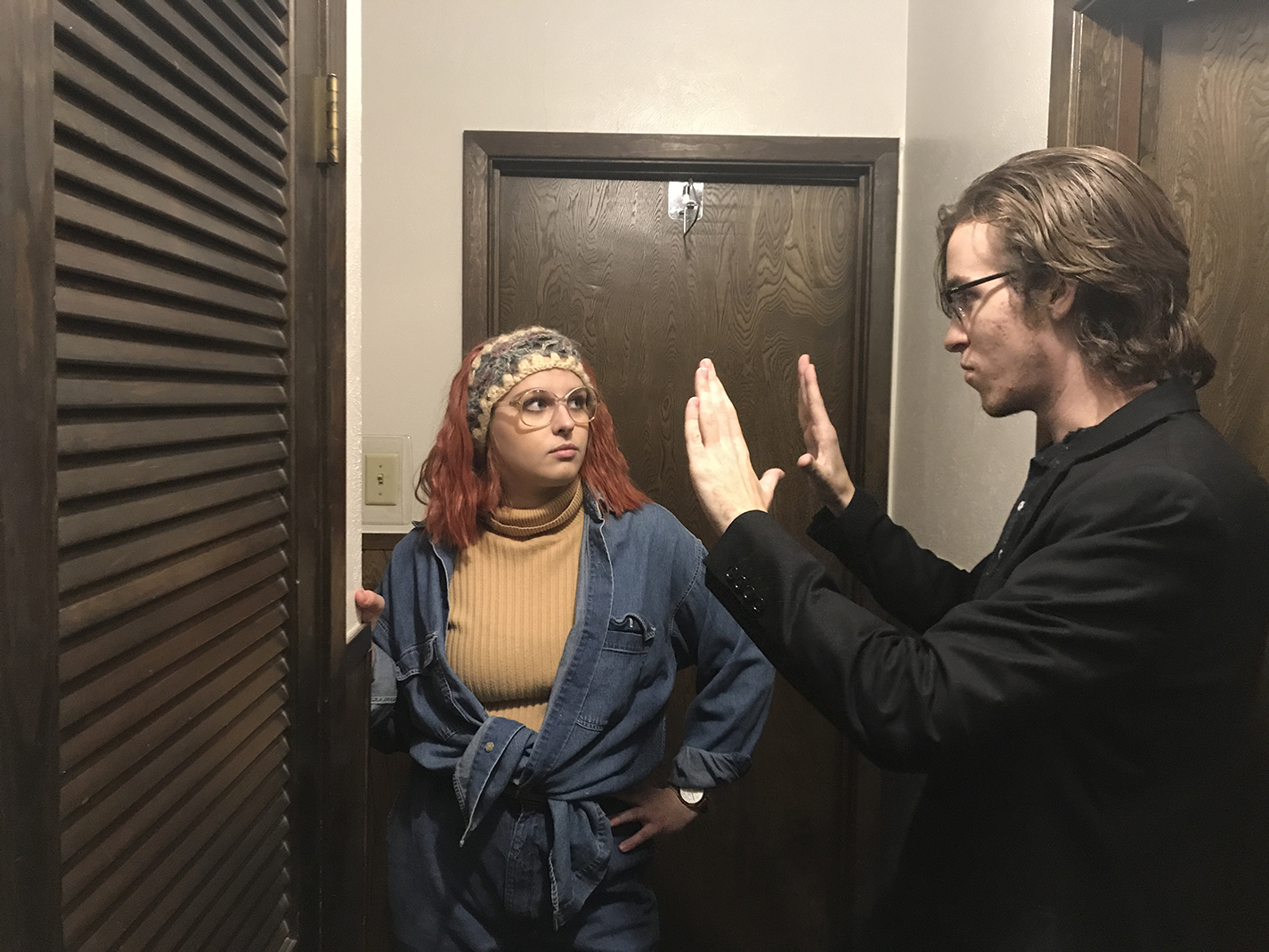 NE student Alex Wagner coaches actress Macy Feemster during a scene. Wagner wrote and directed his own film that he submitted to the Student Horror Film Festival.
