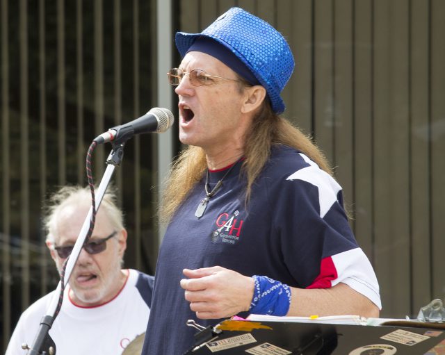 Guitars for Heroes lead singer Bill Yohn entertains a South Campus audience at the Veterans Week celebration Nov. 6.