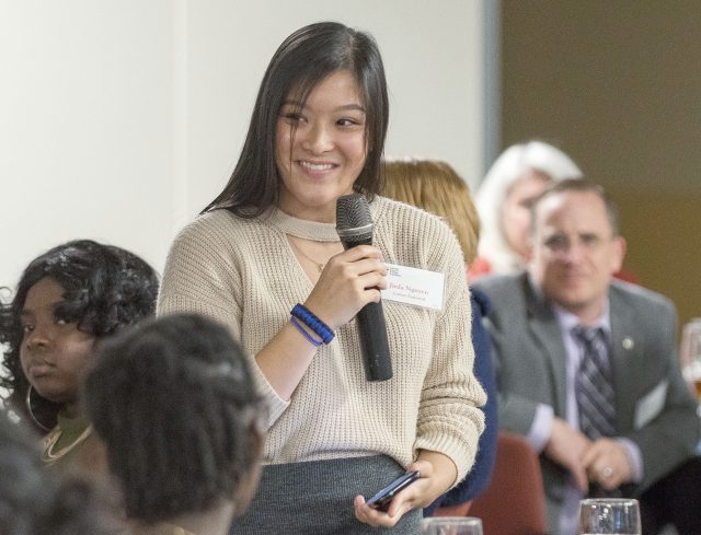 Scholarship winner Jirda Nguyen speaks during the TCC Foundation Scholarship Recognition Dinner Nov. 9 on TR Campus.