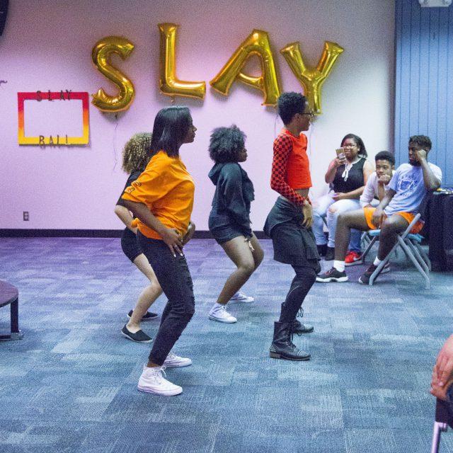 South+students+Sydney+Gholston%2C+Christian+Bell%2C+Anastasia+Alford+and+Tasneem+Alhanawi+perform+a+group+dance+during+the+South+Campus+Spectrum+Club%E2%80%99s+Slay+Ball+Nov.+17.