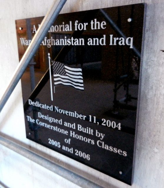 Cornerstone’s honors class of 2005 and 2006 remembers veterans with a plaque.