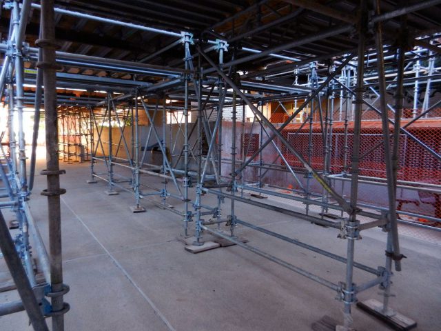 Scaffolding and structures fill the walkways between the WSTU, WTLO and WPHE buildings to protect students from overhead debris.