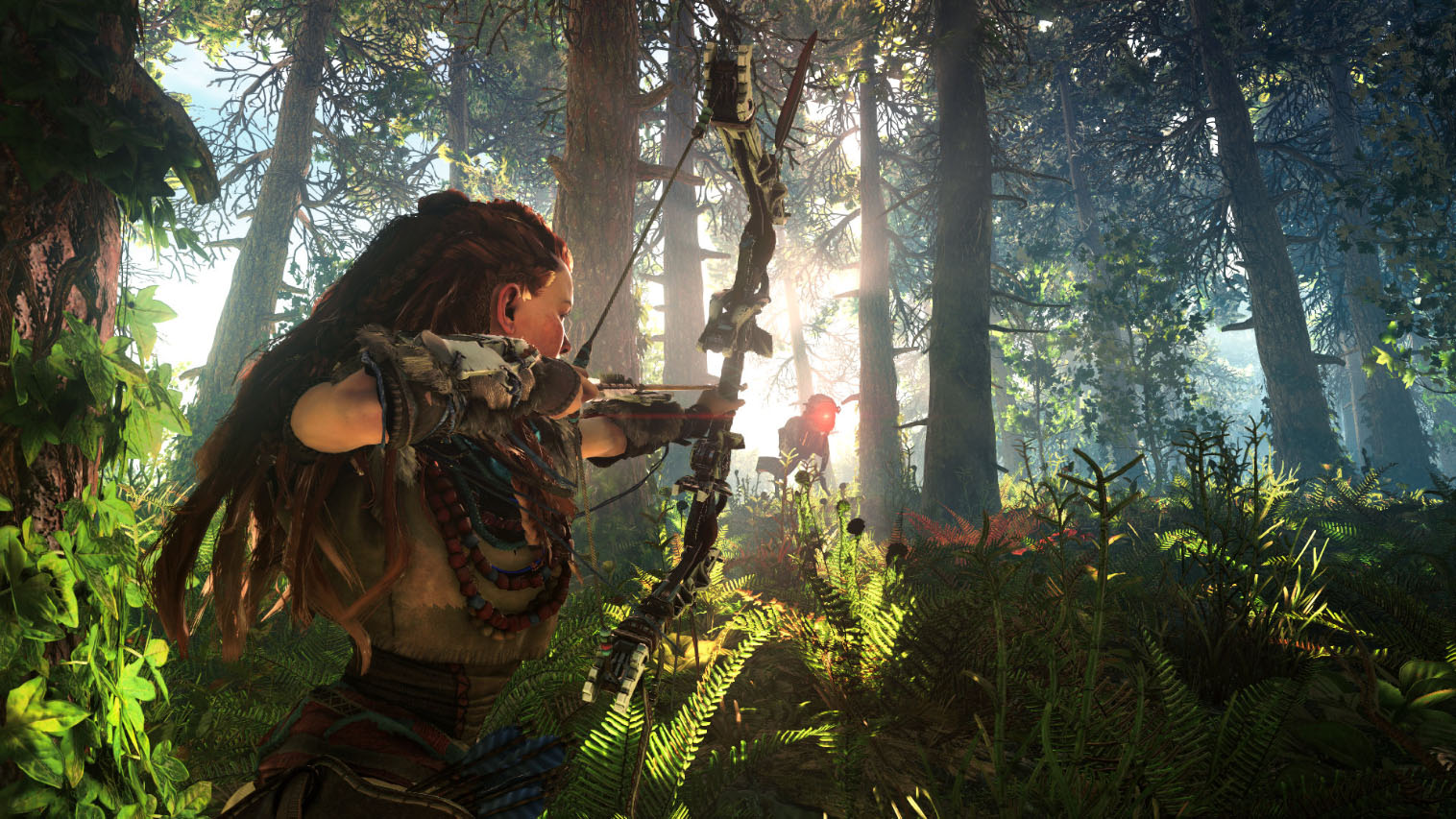 Horizon Zero Dawn’s main character, Aloy, targets a Watcher, a type of machine players battle in the open world RPG set in a post-apocalyptic future.