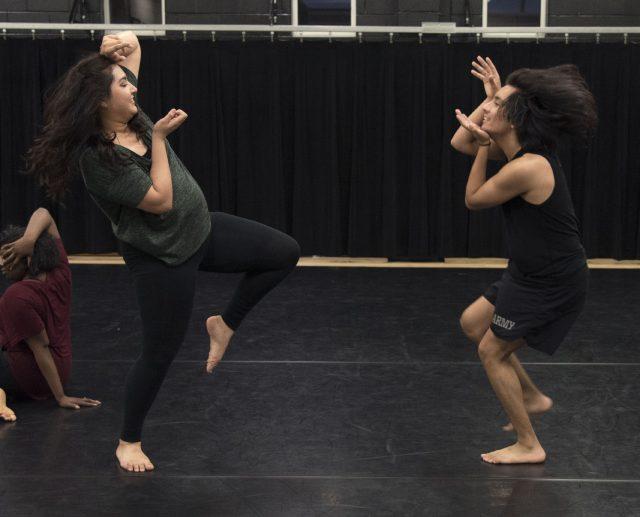 SE students Fabiola Sanchez and Diego Segura practice techniques for the Dance Works concert at the C.A. Roberson Theatre.