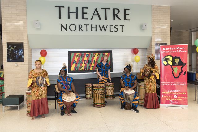 The drummers and dancers perform in the WFAB lobby in honor of Black History Month on NW Campus.