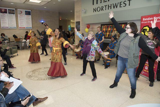 NW+students+join+in+dancing+with+the+Bandan+Koro+traditional+African+drummers+Feb.+7.