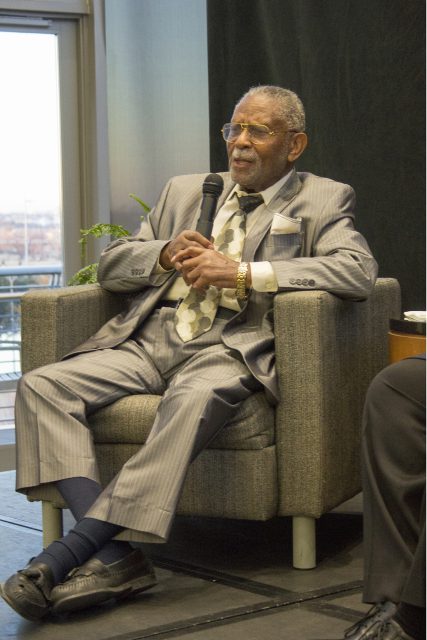 L. Clifford Davis talks about his involvement in the legal challenges of the Civil Rights Movement in Fort Worth during the dinner discussion on TR Campus Feb. 8. 