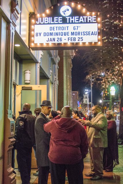Attendees gather outside the historic Jubilee Theatre and wait to be seated for a private production of Detroit ‘67 after dinner and a discussion on campus.