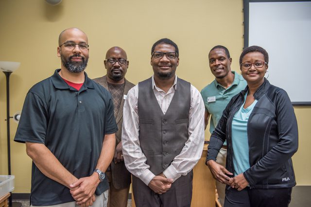 Chris Battle, Jason Foreman, Arlandis Jones, Randall Weatherspoon and Deborah Thomas make up a panel of veterans who discussed African-Americans’ history in the U.S. military Feb. 13 on SE Campus.