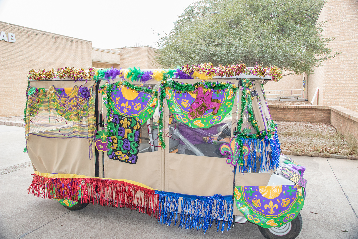 NE student activities shows off its custom-made float for the Mardi Gras parade that crossed the campus Feb. 13. The parade has become an annual tradition on campus.