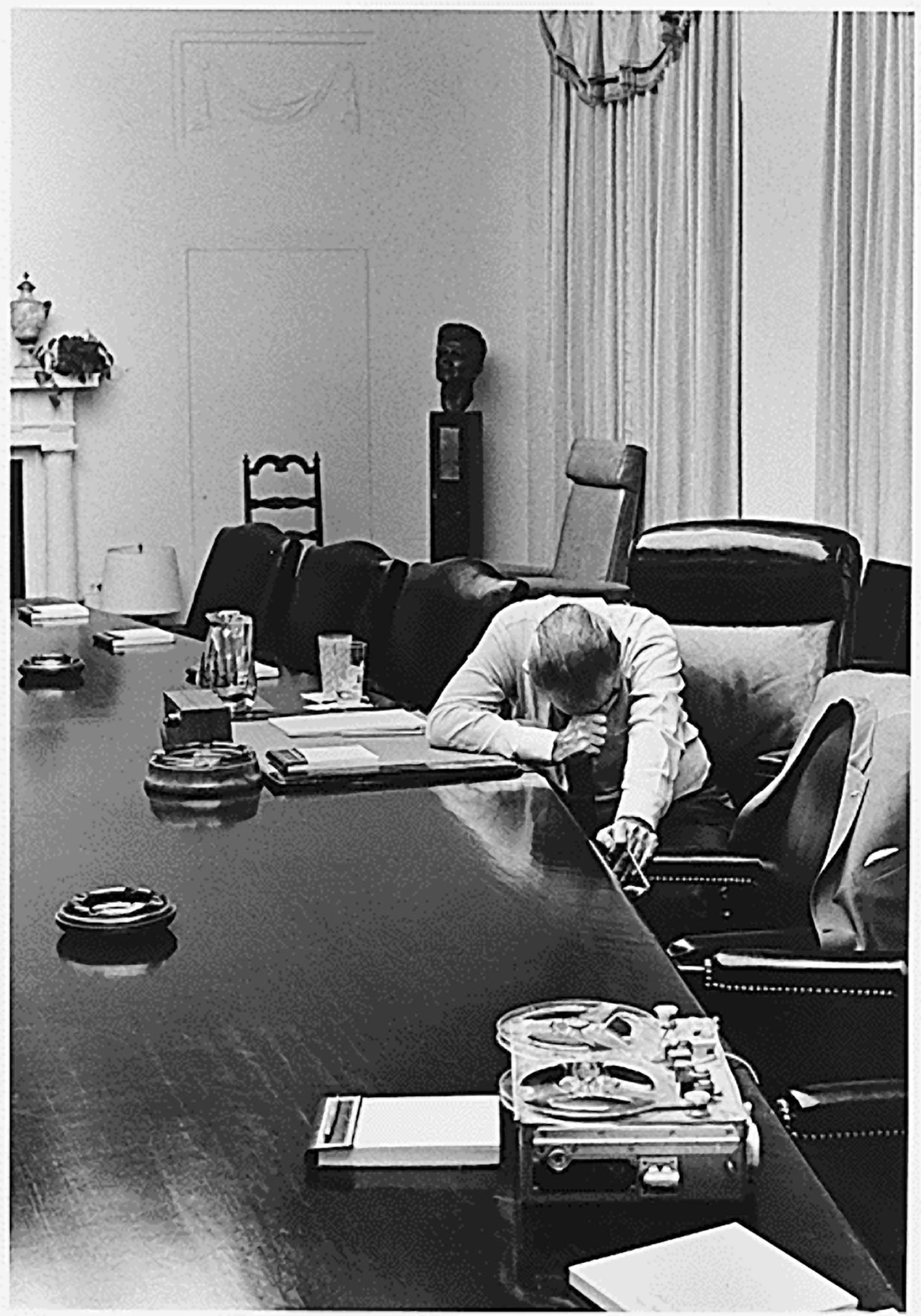 President Lyndon Johnson works during his final days at the White House in 1968. He chose not to seek another term as the Vietnam War became more unpopular.