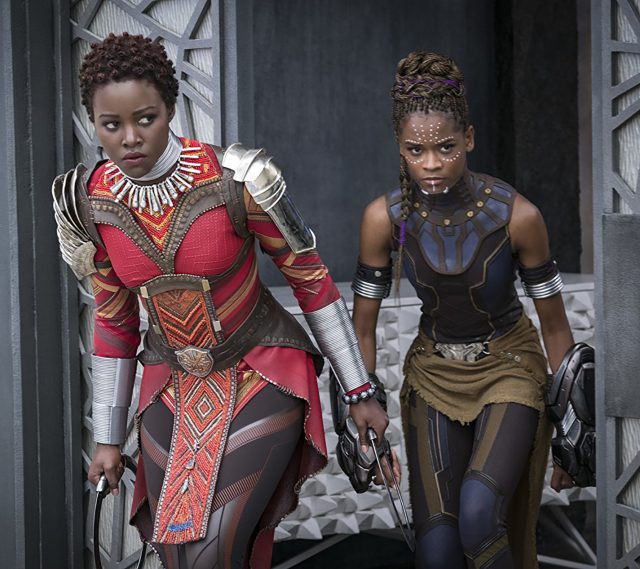 Nakia (Lupita Nyong’o) and Shuri (Letitia Wright) prepare themselves for a fight in Marvel Studios’ Black Panther.