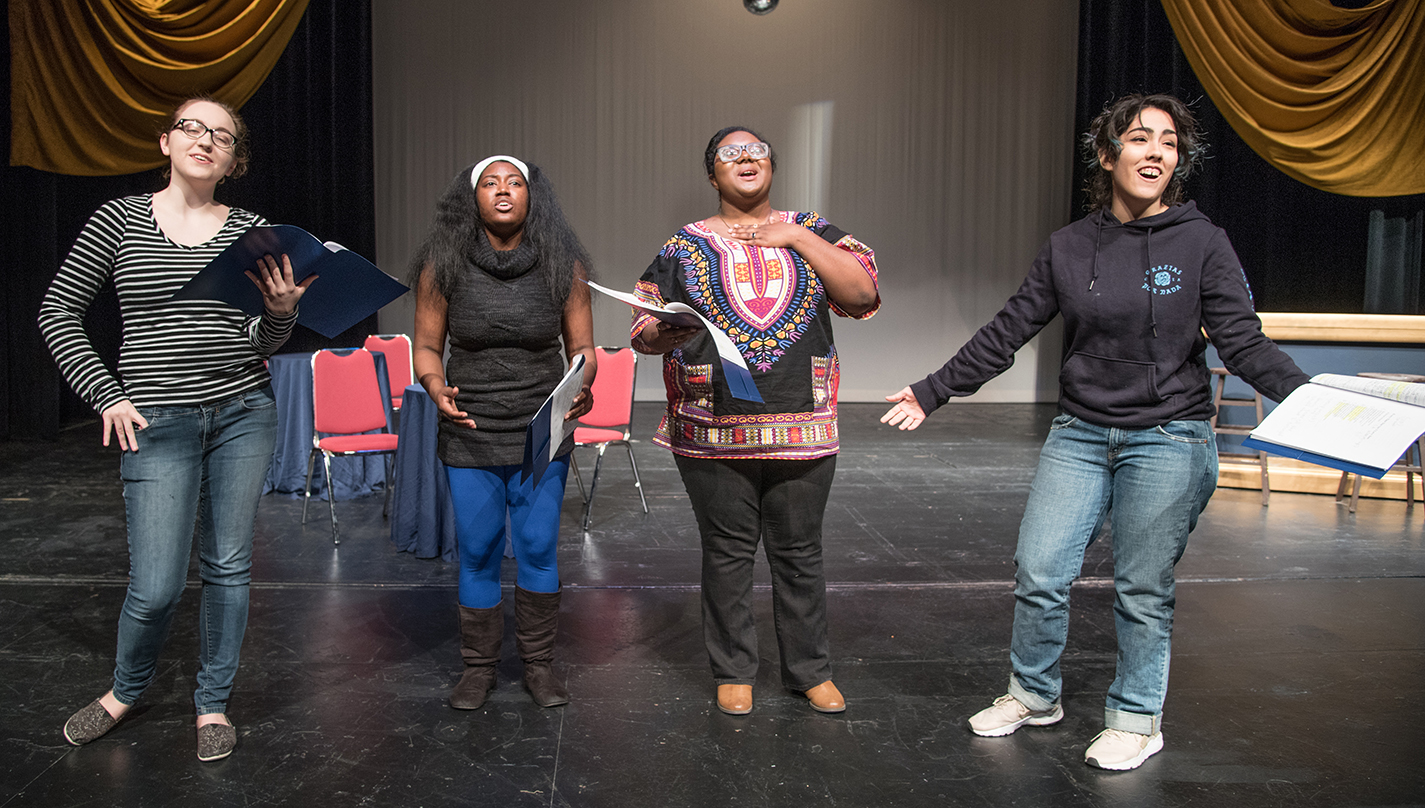 South students Kristen Clay, Shania Boo’ty, Danielle Davis and Angelica Mora rehearse a part in Club Lit., a play coming to South Campus at 7:30 p.m. Feb. 15-16.