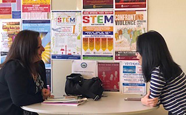 SE students Samar Nassar and Lynn Pham meet April 16 on SE to talk for an hour as required by SE’s Conversation Partners program.