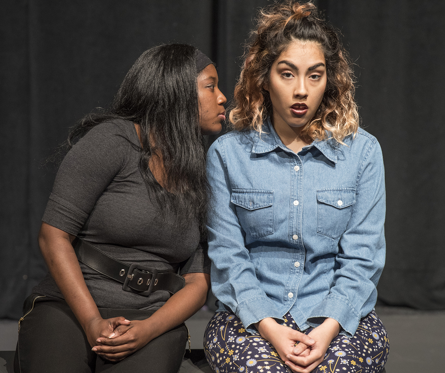 South students Shania Boo’ty and Angelica Mora rehearse Samuel Beckett’s “Come and Go,” which is one of four of the playwright’s works they will perform in beckett April 5-7.
