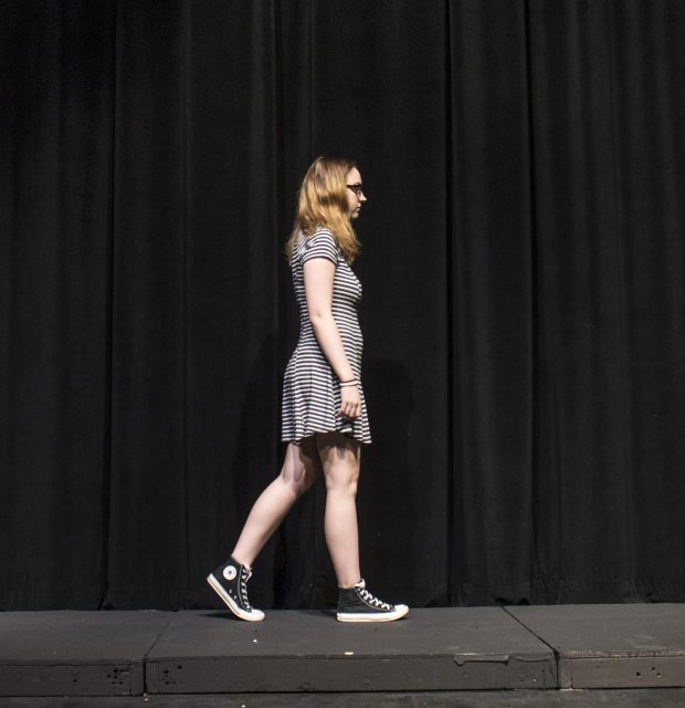 South student Kristen Clay practices her footwalks for her scene in “Footfalls” during a rehearsal March 29.