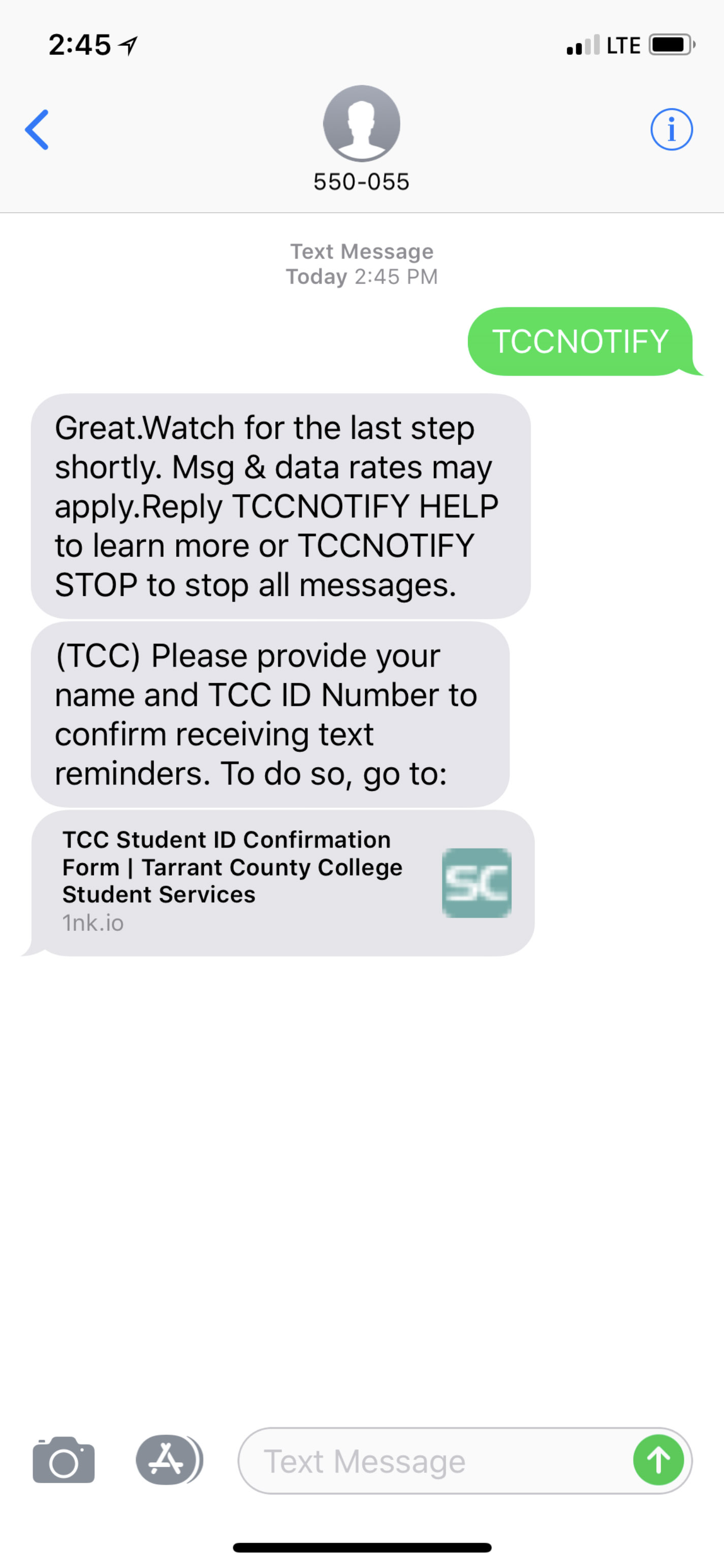 TCC students can text "tccnotify" to 550-055 to sign up for text message alerts.