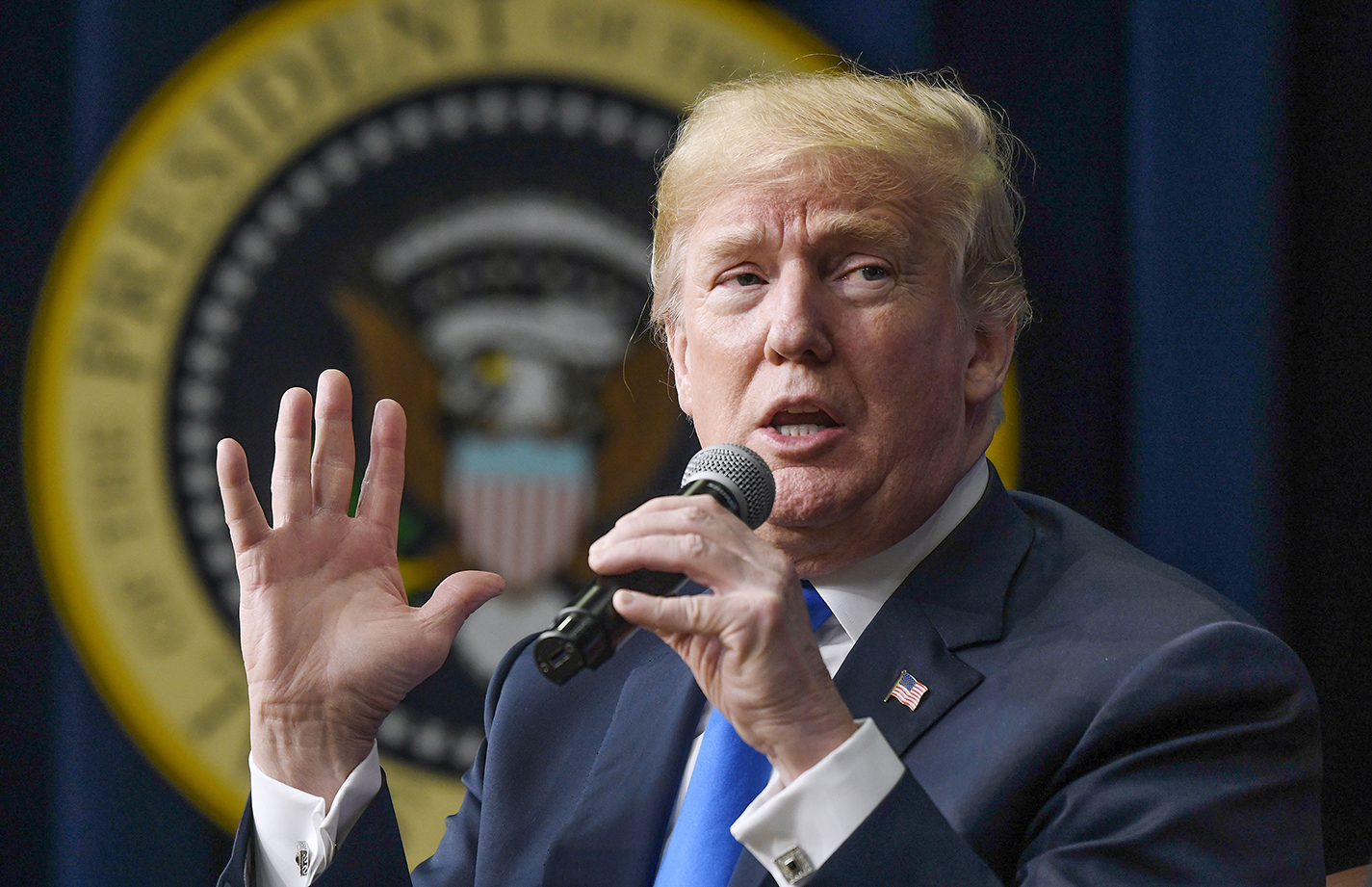 President Donald Trump speaks at a Washington, D.C. event March 22. At a Cleveland speech March 29, he said community colleges were synonymous with vocational schools.