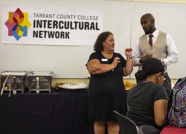 TR financial aid specialist Stephanie Castillo chats with TR intercultural student engagement coordinator Dantrayl Smith during the open house Aug. 23 on TR.