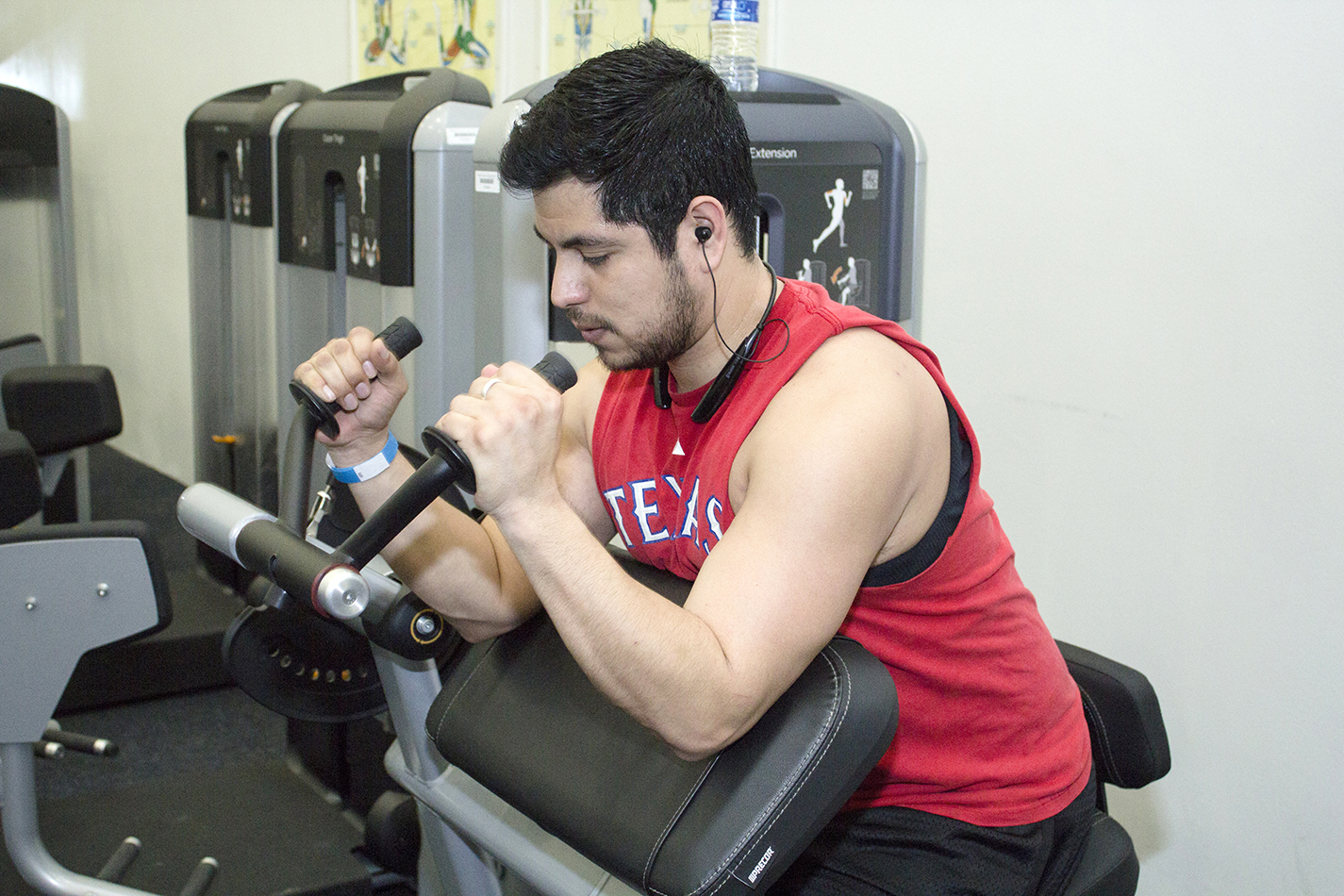 South student Samuel Saucedo works out in the South Campus fitness center between classes. Each campus has a fitness center.
