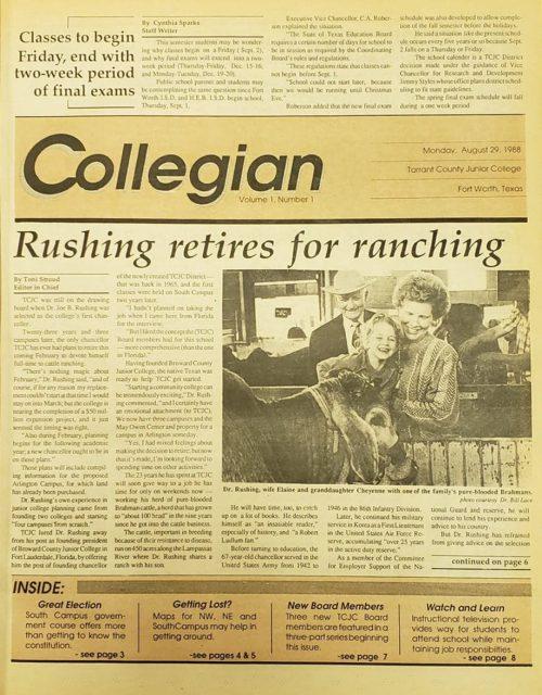 The image above is the front page of TCC’s districtwide students newspaper’s first issue published Aug. 29, 1988.