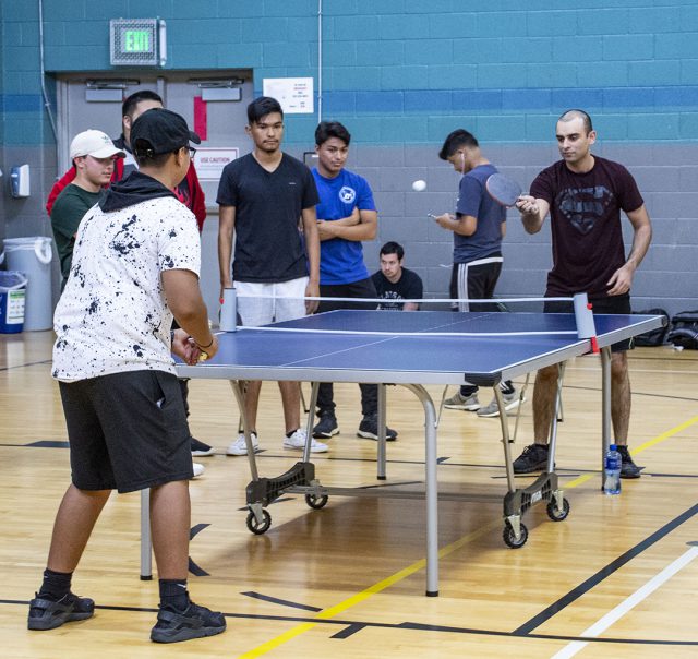 SE students Andrew Moore and Subhan Zubair play in the intramural table tennis tournament Sept. 20 in the SE gym. Zubair went on to take the match.