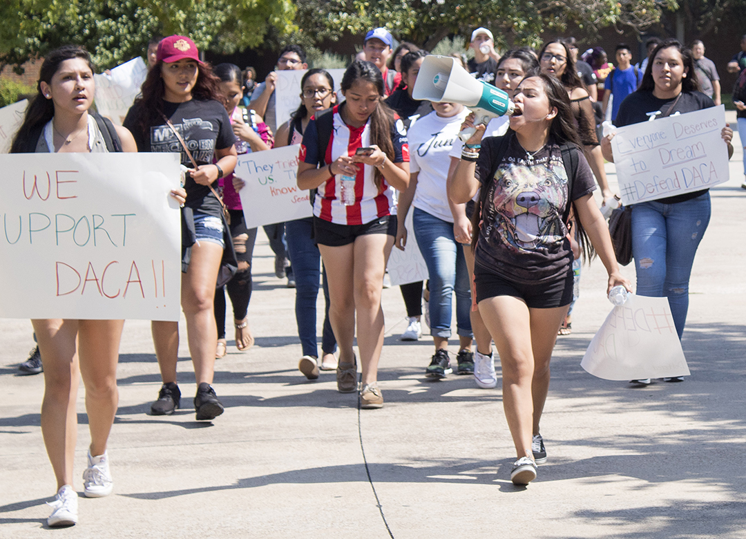 South students march through campus chanting “Who are we? DACA. What do we want? Support” during the Sept. 14, 2017, protest on South Campus. TCC students rallied together to raise awareness of issues concerning DACA.