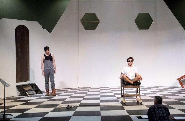 NE+students+Austin+Peak+and+Danny+Rengifo+rehearse+a+scene+from+Samuel+Beckett%E2%80%99s+Endgame+which+opens+Sept.+26+at+7+p.m.+on+NE+Campus+in+the+NFAB+theater.