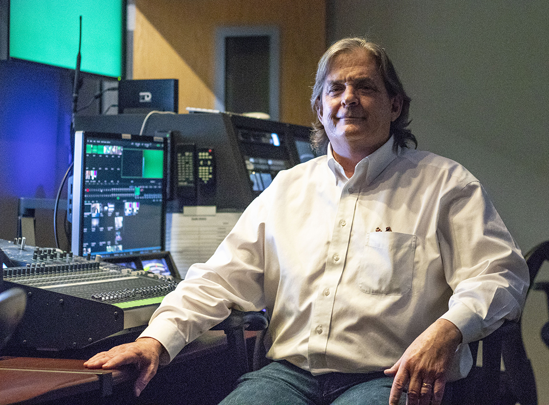 NE instructional associate Patrick Hogan is responsible for the maintenance of audio equipment within the campus’ radio/television/film program, part of a 40-year career in audio recording.