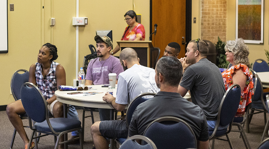 NE counselors and members of other organizations provide information for veteran students during an Aug. 31 session on NE Campus. The event included lunch and ways for veteran students to connect.