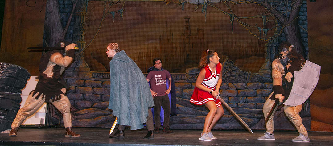 NW student Lauren Smith, as Tillius the Paladin, and NW student Jesse Martinez, as Agnes, fight against foes on stage. She Kills Monsters will run Oct. 3-7 in Theatre Northwest.