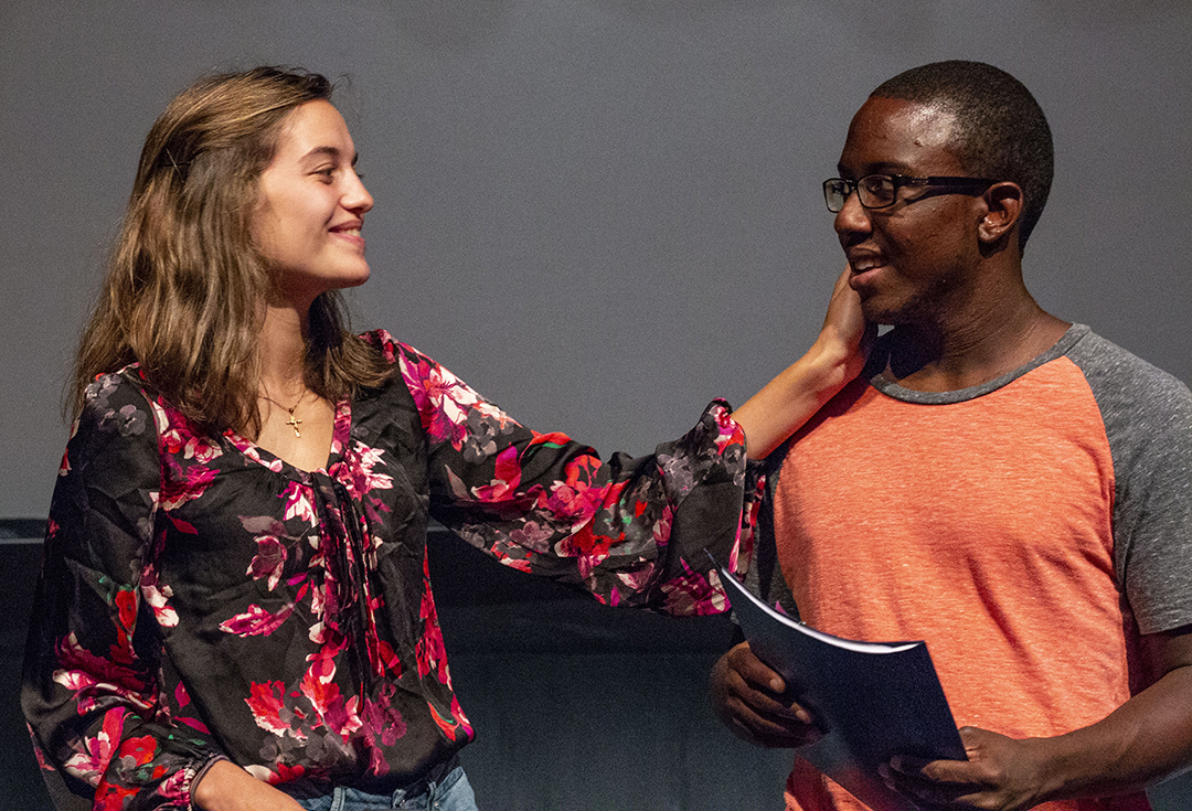 South students Devinne Jorgensen and Cameron Clowers rehearse lines from My 10 Year Old Self. The play will be Sept. 20-22 in the Joe B. Rushing Center for the Performing Arts on South Campus.