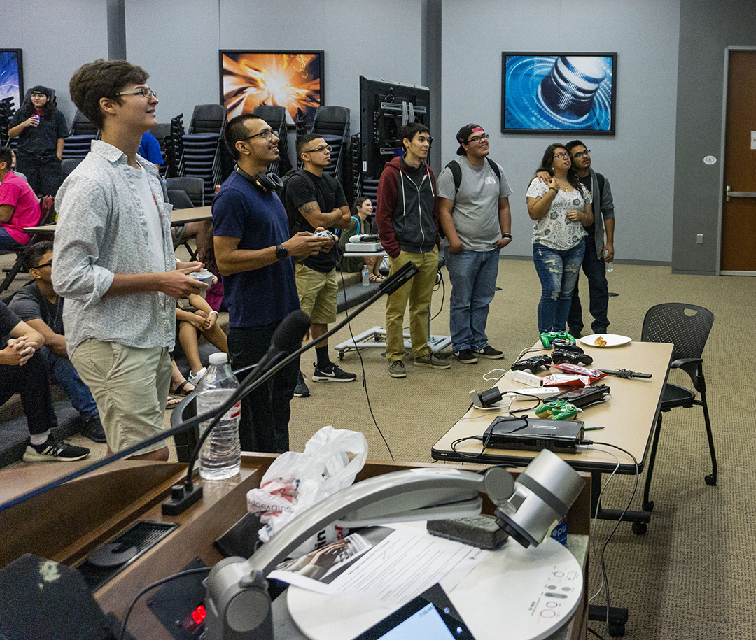TR students James Cottle and Ramiro Donjuan battle it out in the Super Smash Bros. 4 tournament Sept. 20 at Games for Change in the Energy Auditorium on TR. Tournaments for five different games were held at the event.