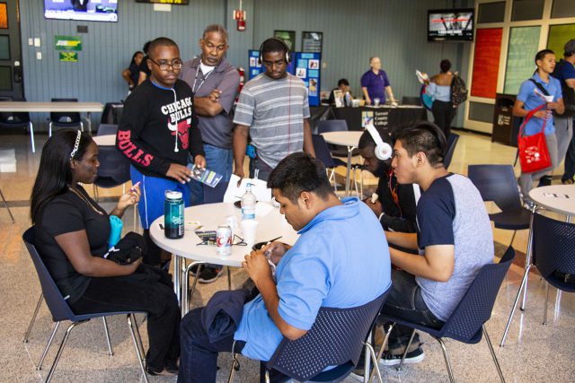 South students hang out in the campus’ dining hall after grabbing food and mingling with campus student organizations and departments during the Toro Tailgate Aug. 30.