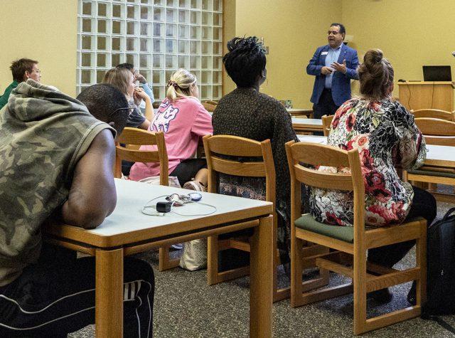 SE humanities dean Josue Munoz discusses the Spanish language and its evolution through regional and cultural influences as part of Hispanic Heritage Month Sept. 26 on SE Campus.