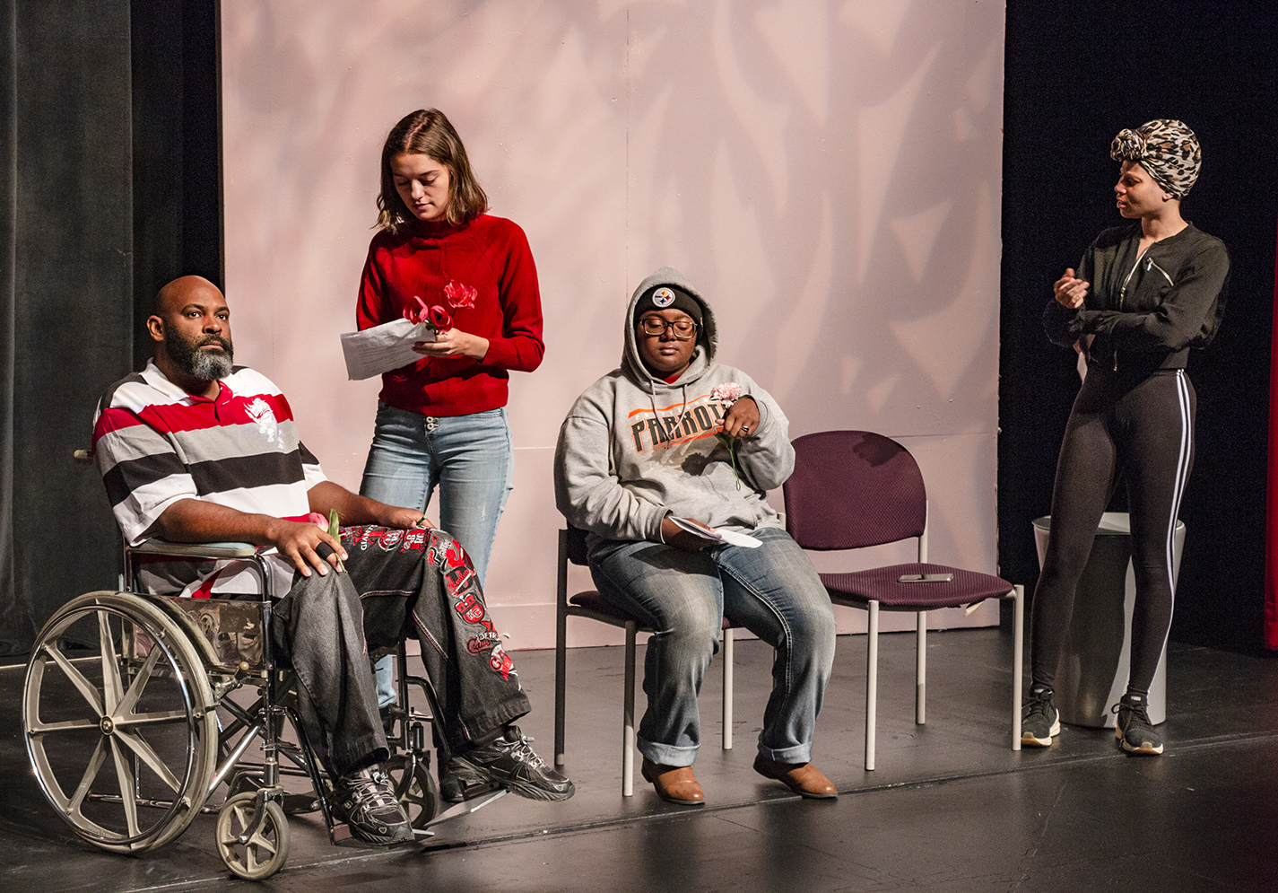 South students Corey Cammon, Devinne Jorgensen, Danielle Davis and Raven Booker rehearse Exit Strategy for opening night. The play will run together with A Few Things Remain Nov. 1-3 on South Campus.