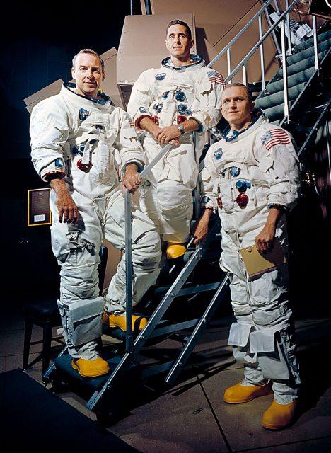James+Lovell+Jr.%2C+William+Anders+and+Frank+Borman%2C+members+of+the+Apollo+8+crew%2C+pose+for+a+photo+in+their+space+suits+on+a+Kennedy+Space+Center+simulator+Nov.+22%2C+1968.+Apollo+8+was+the+U.S.%E2%80%99+second+manned+spaceflight+and+the+first+to+reach+Earth%E2%80%99s+moon.
