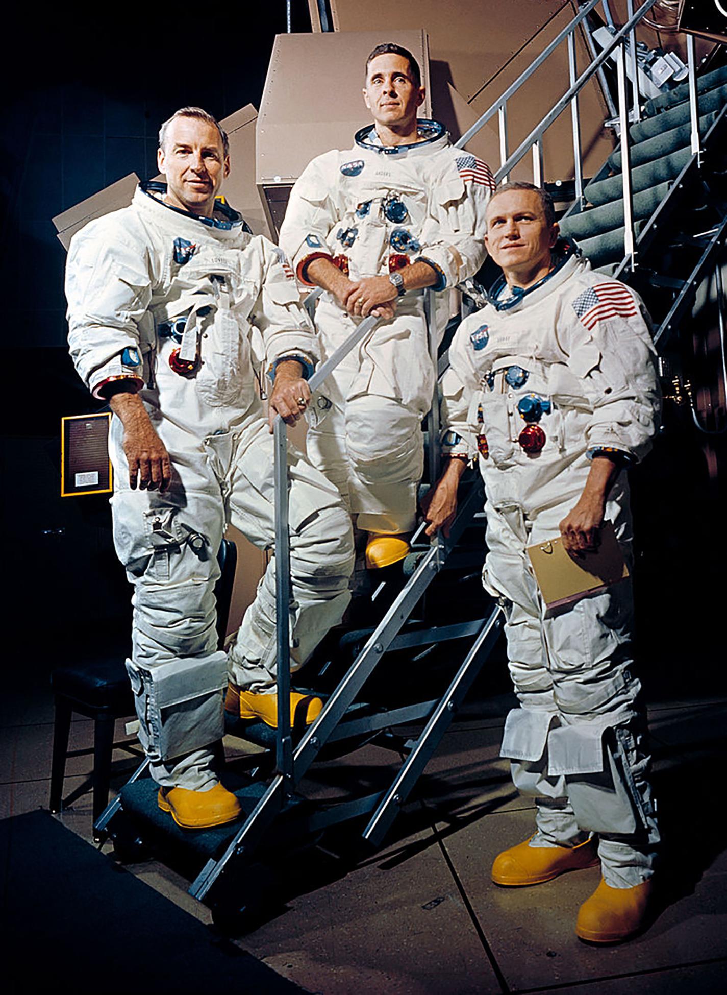 James Lovell Jr., William Anders and Frank Borman, members of the Apollo 8 crew, pose for a photo in their space suits on a Kennedy Space Center simulator Nov. 22, 1968. Apollo 8 was the U.S.’ second manned spaceflight and the first to reach Earth’s moon.