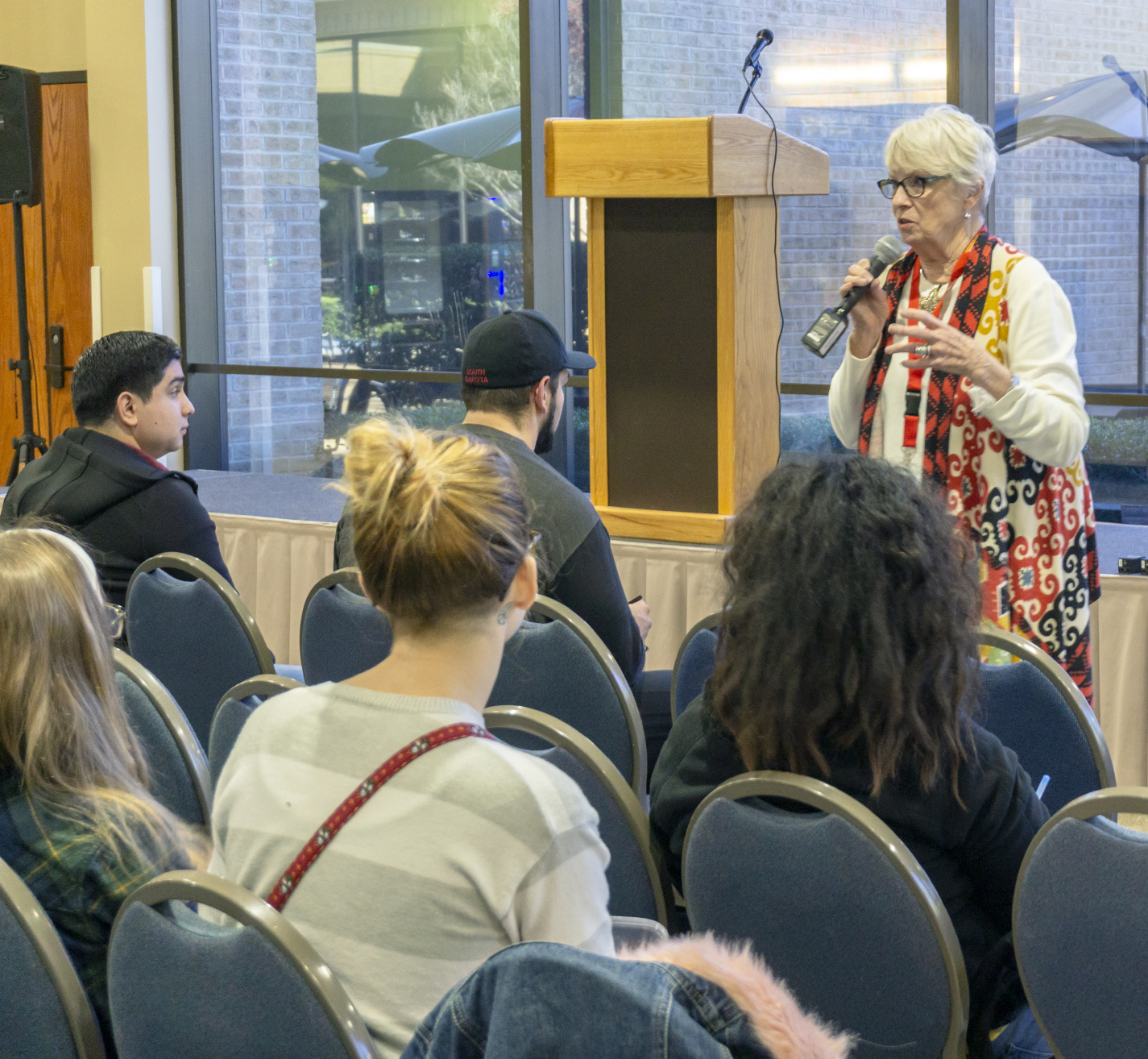 NE interim campus president Tahita Fulkerson answers students’ questions during a town hall meeting Nov. 14 in the NSTU dining area on NE Campus. The event was hosted by NE’s SGA, and students were able to express their concerns directly to the president and her staff.