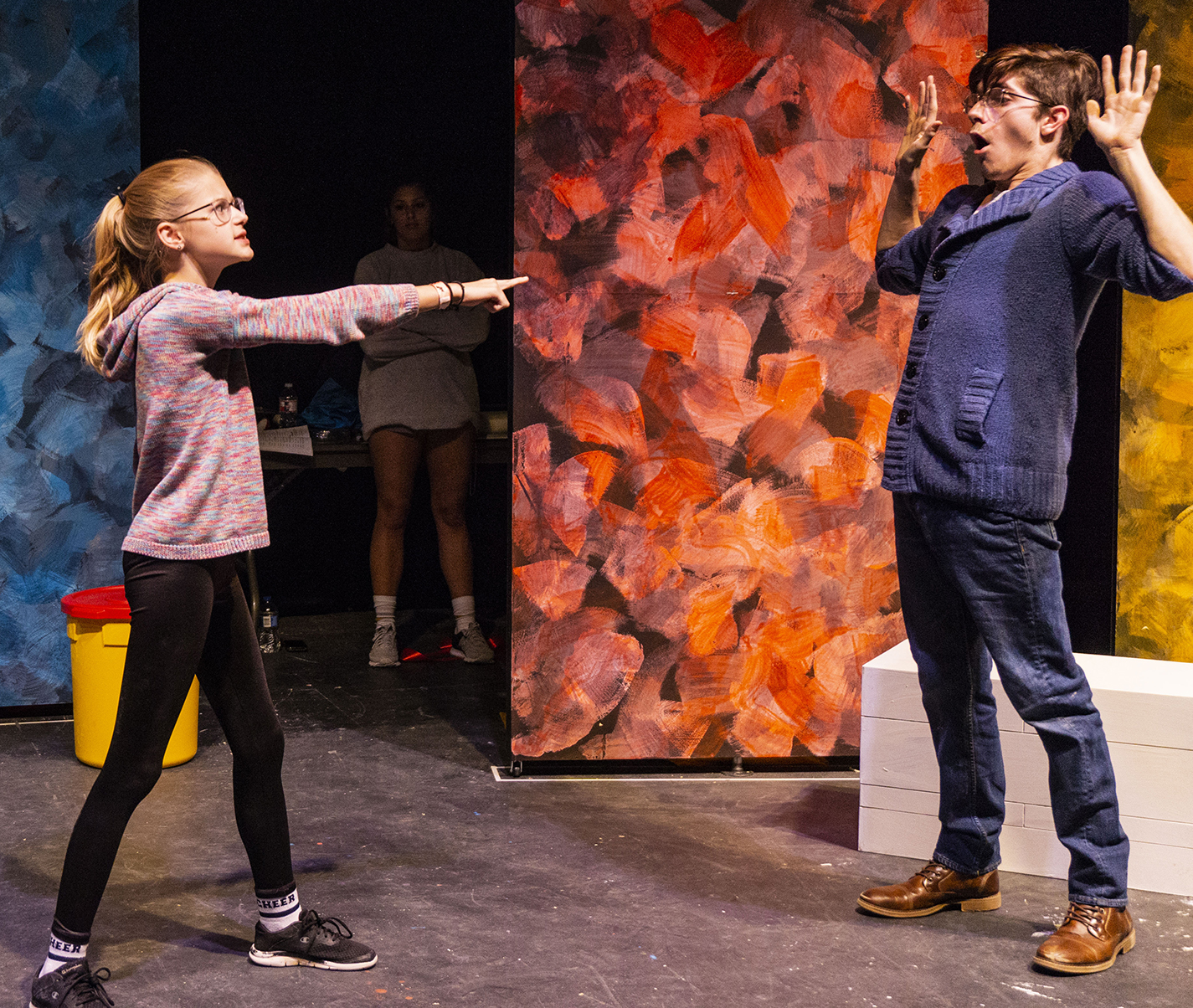 Westlake Academy 7th grader Megan Flight, who plays Benjamin, playfully interacts with NW student Lane Norris, who plays Benjamin’s father, in The Yellow Boat which comes to stage Nov. 14-18 in Theatre Northwest.