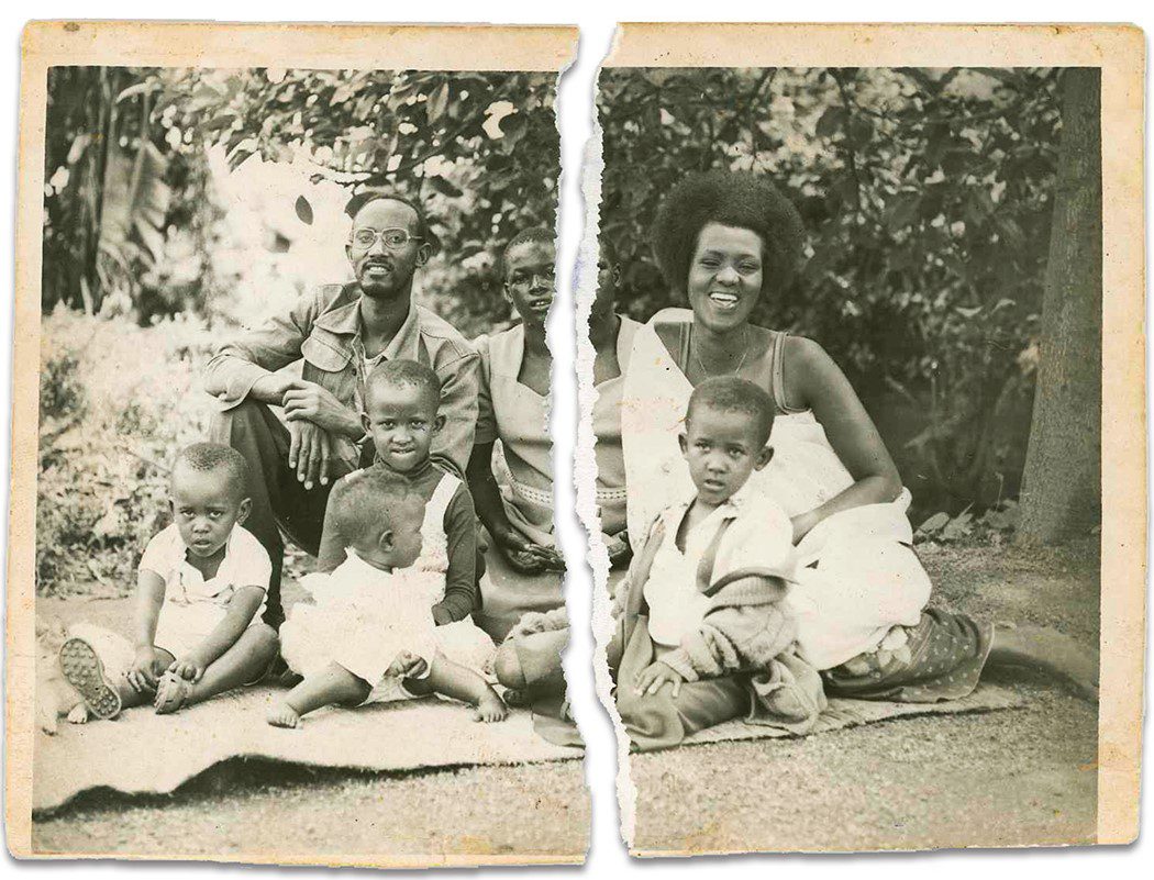 In a 1985 family photo, NE student Blandine Uwambaye Ntagwabira sits in front of her father Stefan along with mother Esperence and her siblings and housekeeper. The photo was torn by Blandine’s daughter when she was told that her family all died. - Photo courtesy Blandine Uwambaye Ntagwabira