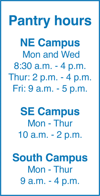 TCC Food Pantry Hours NE Campus Mon and Wed 8:30 a.m. to 4 p.m. Thur: 2 p.m. to 4 p.m. Fri: 9 a.m. to 5 p.m. SE Campus Mon through Thur 10 a.m. to 2 p.m. South Campus Mon to Thur 9 a.m. to 4 p.m.
