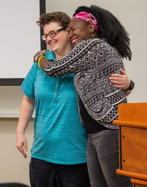 NE student Jennie Lambert gets a hug from NE counselor Masika Smith during a mental health awareness workshop on Sept. 19.
Photo by Paridhi Gurung/The Collegian