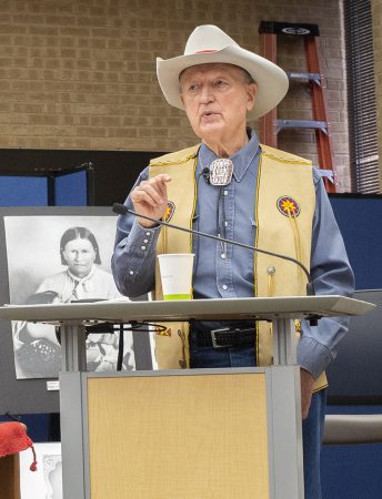 Photos by Johnathan Johnson/The Collegian. Tarrant County Historical Commission member and historian Douglas Harman presents the event and retells the story of the Comanche tribe and its history.
