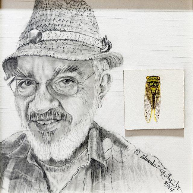 Aguilar displays his self-portrait “Eduardo E. Aguilar, Sr. MFA/Cicada” on a 12”x12” canvas.